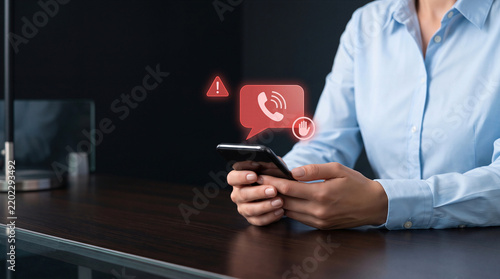 Person holding a smartphone with glowing red warning and stop icons indicating a spam call or security alert