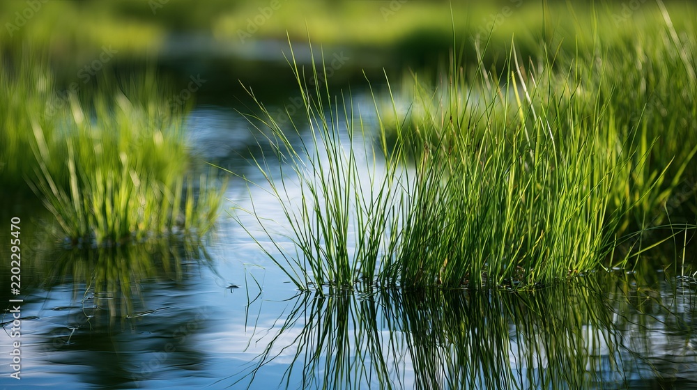 Obraz premium Serene nature scene featuring calm water surrounded by lush green reeds, perfect for serene outdoor branding and eco-conscious marketing visuals