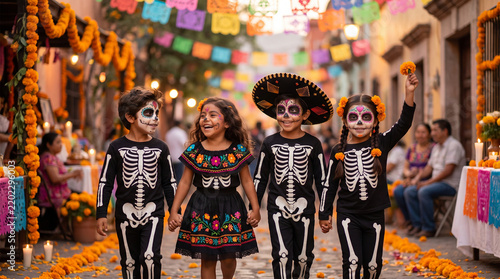 Children celebrating Day of the Dead in traditional skeleton costumes  
