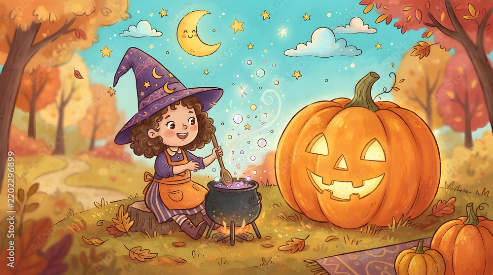 Fototapeta premium Whimsical Halloween Witch Stirring Magic Potion with Jack-O-Lantern