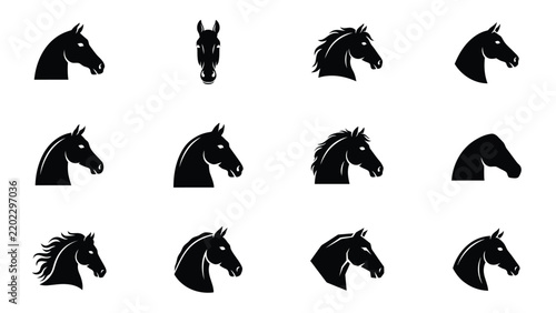 Twelve stylized horse heads in varied silhouettes against plain background with silhouettes featuring diverse collection twelve black angles light background