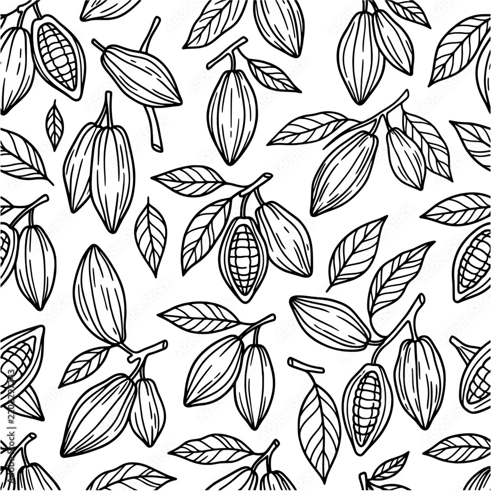 Obraz premium Cocoa bean seamless pattern in a black line art style including pods, beans, leaves and branches.