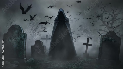 Dark cloaked grim reaper stands in foggy graveyard while black crows circle overhead in this eerie cinematic horror motion video