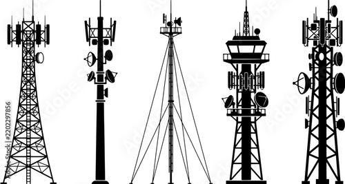 Telecommunication tower icon set in a simple black silhouette style including radio masts, cellular antennas and satellite dishes.