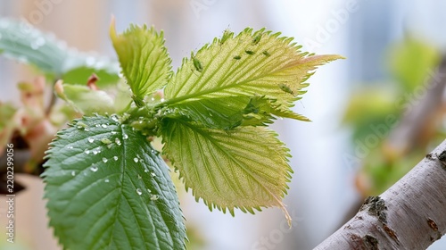 Tiny green insects infest young spring leaves covered in water droplets.