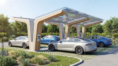 Modern electric vehicle charging station featuring solar panels and wooden canopy in outdoor parking
