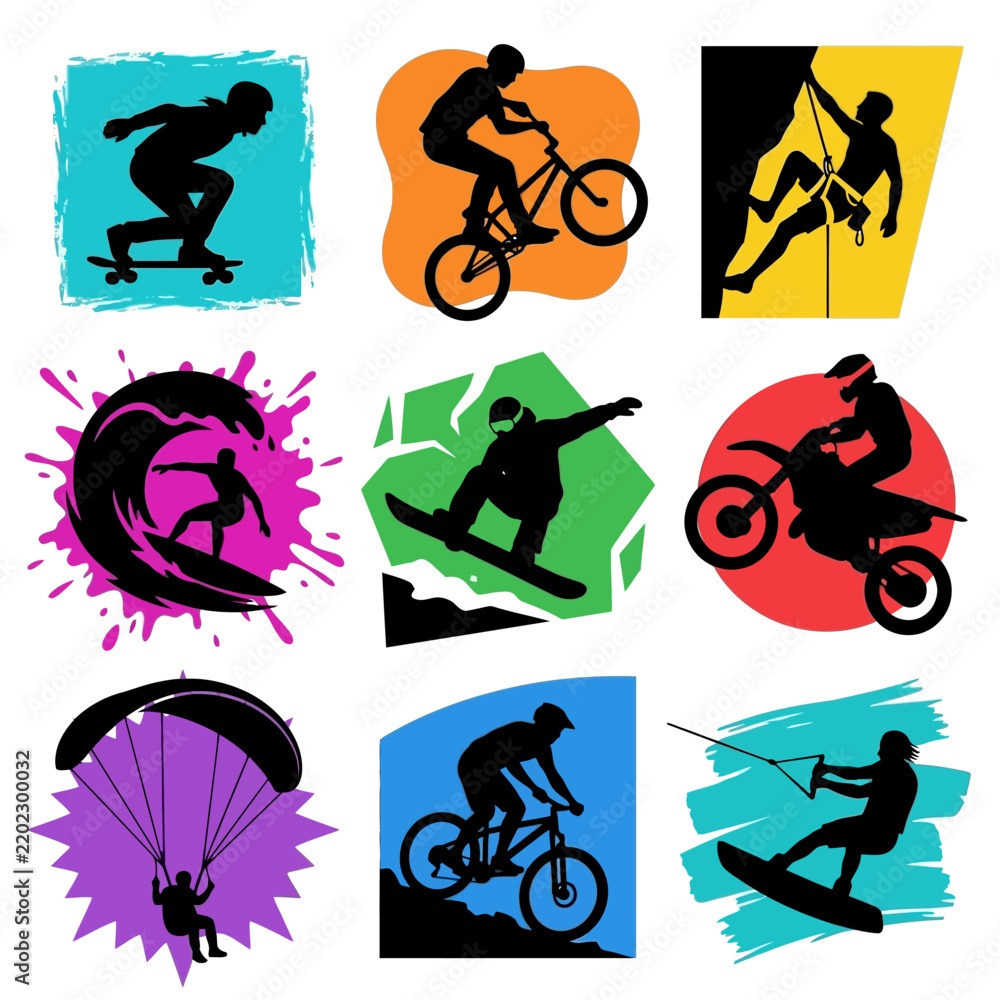 Obraz premium Extreme sports silhouettes set featuring surfing biking climbing snowboarding skateboarding motocross and paragliding. vector illustration