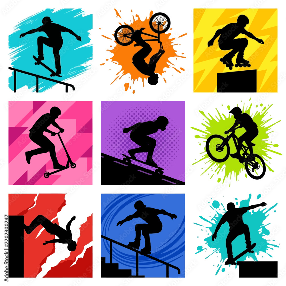 Obraz premium Silhouettes of extreme sports athletes performing stunts including skateboarding BMX biking rollerblading scootering and parkour tricks. vector illustration