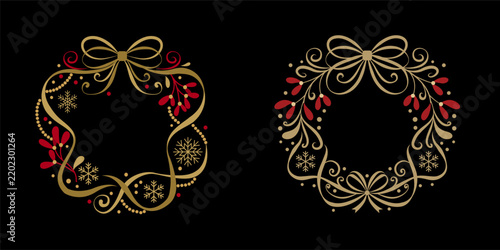 Two decorative Christmas wreath illustration with intricate golden ribbons, ornate bows, curling flourishes, red berry-like accents, gold dots, and delicate snowflake motifs, on a black background.