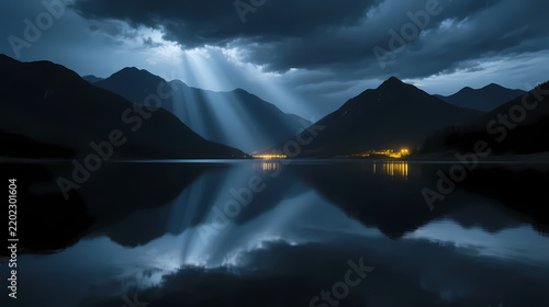 Mysterious mountains and calm lake under stormy sky