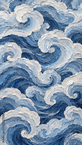 Abstract Blue White Ocean Wave Pattern Background with Textured Traditional Swirl Design, Vertical Wallpaper
