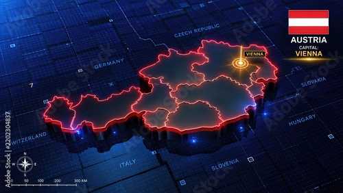 Austria 3D Map with Austrian Flag and Vienna Capital Location