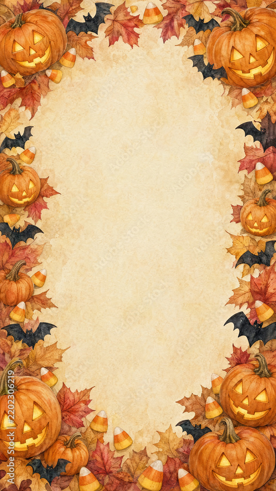 Fototapeta premium Glowing jack-o-lantern and bat border with blank center