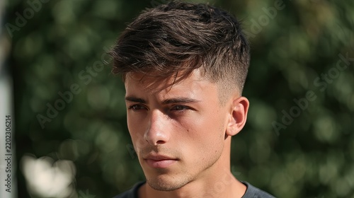 Young man with stylish textured haircut showcasing a modern fade against a blurred green foliage backdrop, portrait concept