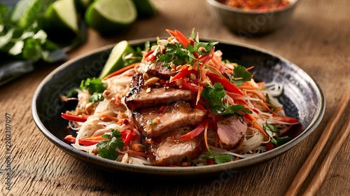 Sliced duck salad sits atop noodles in a dark bowl, vibrant chili flakes and fresh herbs accenting the savory dish