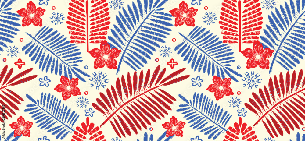 Fototapeta premium Tropical Pattern With Red Flowers And Blue/Red Leaves. 
