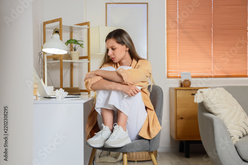 Burnout and mental health crisis, stressed woman sitting at desk with laptop ...