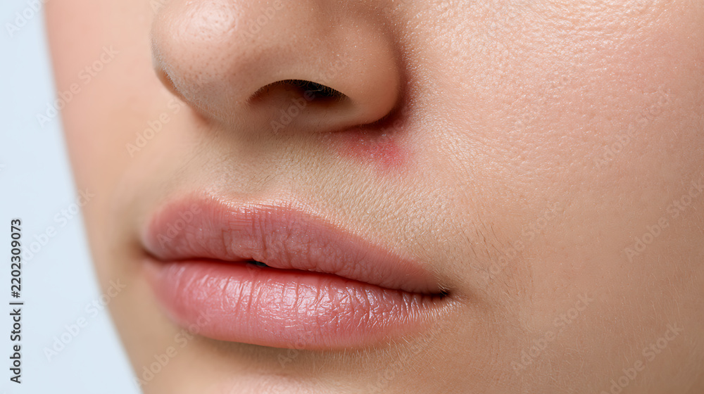 Obraz premium Close-up of a woman's face with a red pimple on her nose