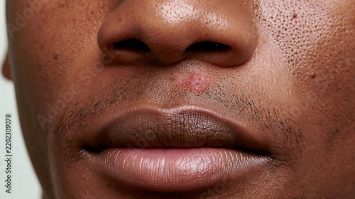 Close-up of a noticeable skin blemish above the upper lip of a person, highlighting a dermatological imperfection