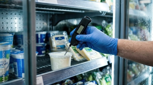 Checking temperature of yogurt in refrigerated display case