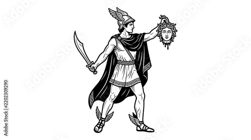 Ancient Greek Hero Perseus Holding Severed Head of Gorgon Medusa with Sword and Winged Helmet Illustration