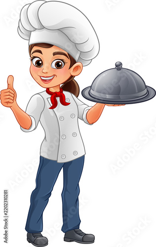 Happy female chef in white jacket and toque giving thumbs up while balancing a covered silver serving platter. Cute woman cook illustration for food delivery, bistro, dining or culinary promotion.