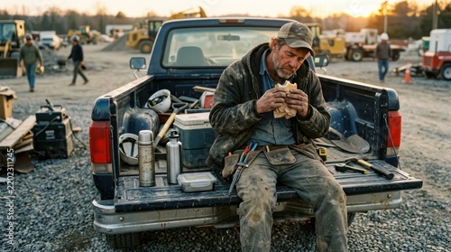 construction worker enjoying lunch on truck tailgate