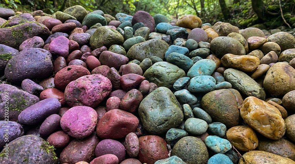 Fototapeta premium Colorful river stones in rainbow gradient, vibrant smooth pebbles in forest stream, multi-colored rock texture for spa and wellness background
