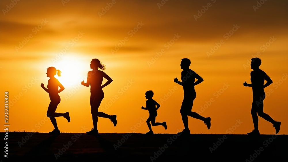 Obraz premium Family group training outdoors at sunset. Silhouettes of adults and children running, representing fitness, well being, and bonding
