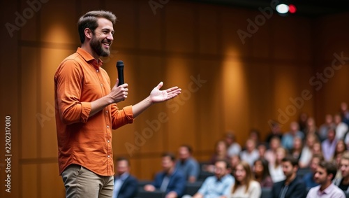 Dynamic male speaker captivating the audience with fervor, imparting expertise and insights at a corporate conference
