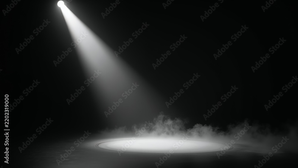 Fototapeta premium Empty theatrical stage with a single spotlight illuminating a performance platform and dramatic smoke