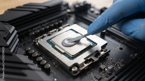 Technician applying thermal paste to a computer processor on a motherboard