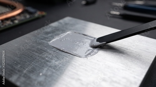 Thermal paste being spread with a spatula on a metal computer heatsink