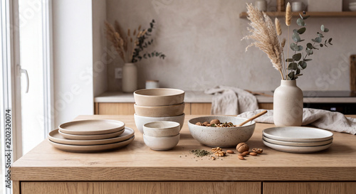Premium collection of unbranded minimalist ceramic bowls and plates arranged elegantly on a modern kitchen countertop