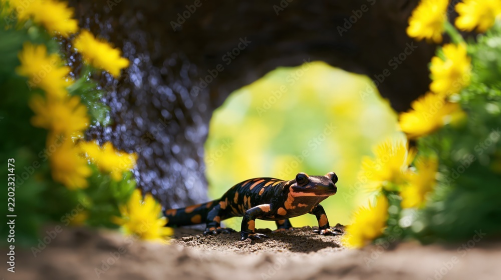 Fototapeta premium Fire Salamander With Yellow Flowers In Natural Outdoor Setting