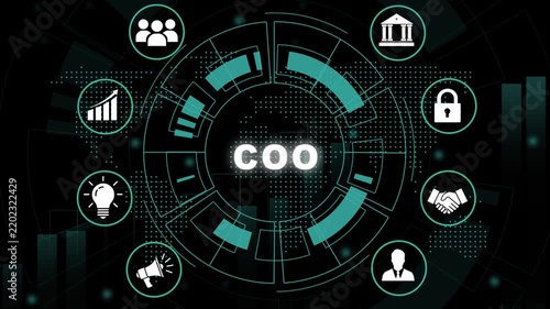Chief operating officer coo corporate leadership concept with animated digital hud interface, glowing business strategic management symbols, and futuristic data visualization for presentations