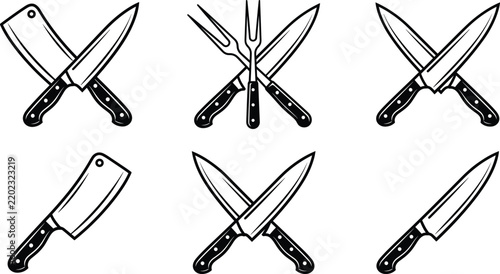 Set of crossed kitchen knives and meat cleaver vector illustrations for restaurant logo and culinary design concept