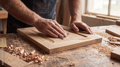 Skilled artisan woodworker hands sanding a timber panel on a workbench covered in sawdust, showcasing traditional joinery and finishing techniques