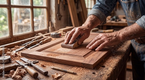 Carpenter sanding handcrafted wooden cabinet door with sandpaper block on workbench in rustic workshop