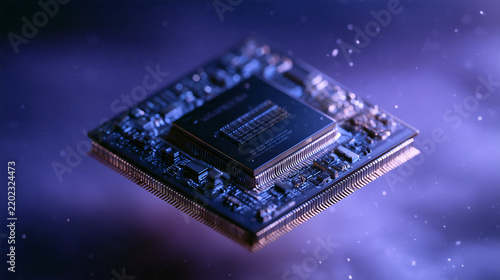Futuristic Computer Chip Suspended in an Infinite Geometric Tunnel with Perfect Symmetry, Cyan Indigo and Silver Abstract Technology
