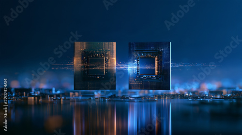 Semiconductor Processor Floating Inside a Monumental Symmetrical Geometric Tunnel, Deep Indigo Cyan and Silver Futuristic Technology Artwork
