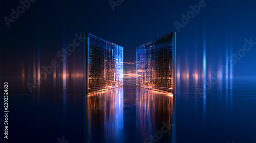Futuristic Semiconductor Chip at the Center of a Symmetrical Infinite Architectural Tunnel, Indigo Cyan and Silver Technology Concept
