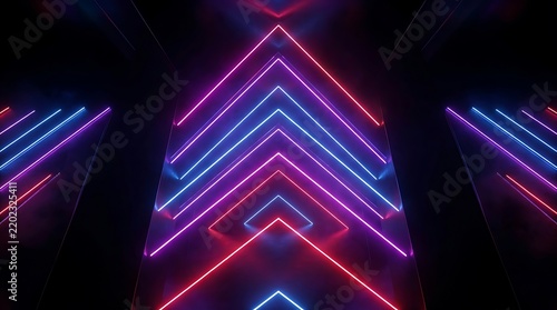Abstract red and blue neon light arrow shapes on black
