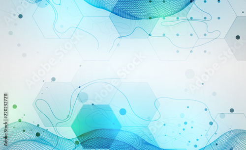 Abstract technology background with blue wireframe wave and  hexagons. Vector