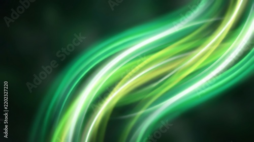 Abstract green light waves flowing on dark background