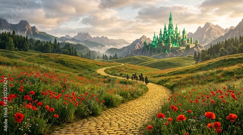 Travelers walking on a yellow brick road toward a green castle in a poppy field
