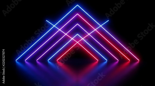 Abstract neon glowing blue and red triangle light lines