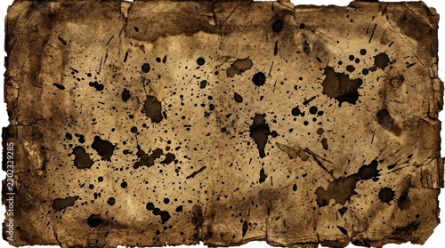 A weathered, aged parchment with black ink splatters and stains, set against a white background with a subtle shadow effect.