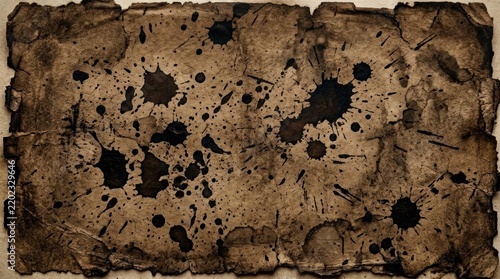 A weathered, aged parchment paper with dark ink splatters and stains, set against a dark background with a subtle shadow effect. 