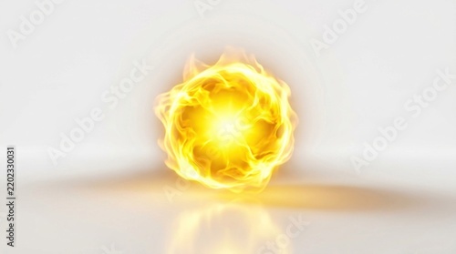 A bright yellow fireball with a golden glow, emitting a radiant energy, against a white background with a subtle shadow.
